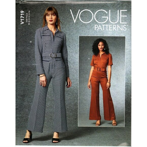 Vogue V1719 Misses 8 to 16 Retro 70s Belted Jumpsuit Uncut Sewing Pattern - Picture 1 of 2